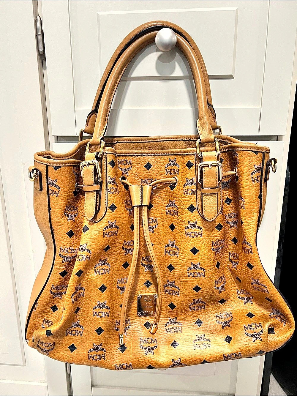 MCM Vintage Visetos Drawstring Bucket Bag Tote in Brown